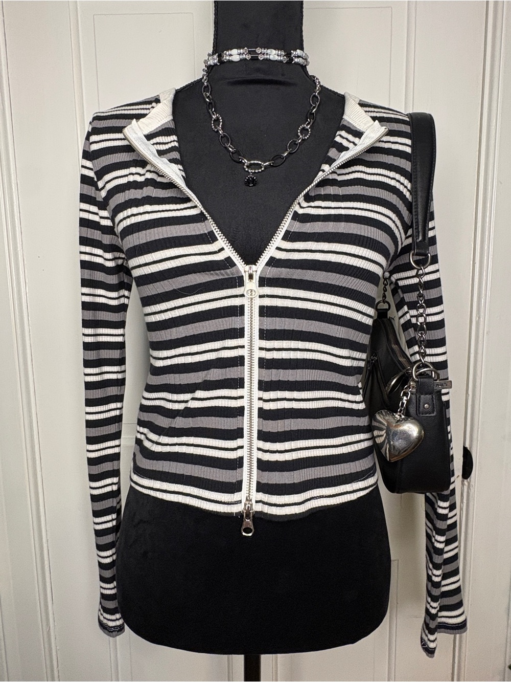 Black & White Striped Double Zipper Top